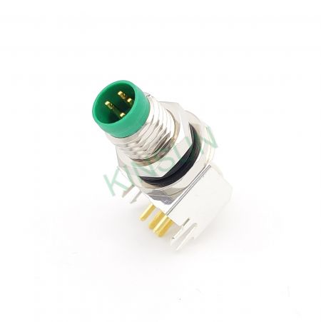 M8 Right-Angled Connector - The picture shows 90° M8 male 4Pin connector with both snap-in and screw locking function. The green color signify IP68 protection.